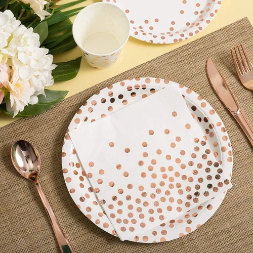 Miniatura 2 de HOMIX 350 platos y servilletas de oro rosa para fiestas, sirve 50 platos de papel desechables, servilletas, vasos, cubiertos para decoraciones
