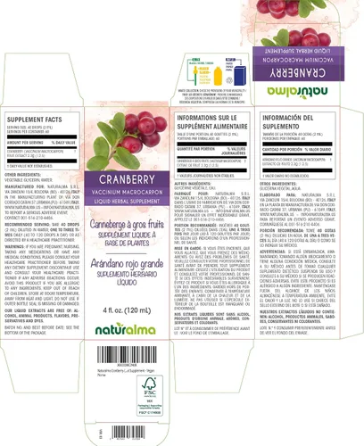 Miniatura 2 de Naturalma Arándano (Vaccinium macrocarpon u Oxycoccus macrocarpos) Tintura sin alcohol de frutas - 4 onzas líquidas de extracto líquido en gotas