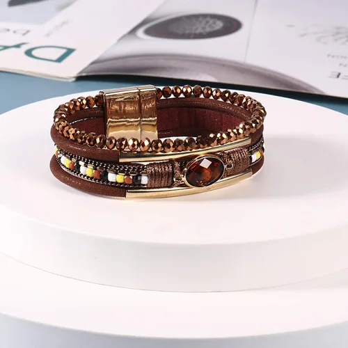 Miniatura 5 de FANCY SHINY- Pulseras de cuero de la envoltura de cuentas de cristal de la pulsera Boho Cuff piedra, dije, pulseras con cierre magnético de joyería