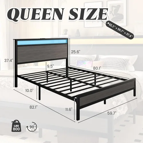 Miniatura 2 de Fluest Base de cama tamaño queen con cabecera y estribo, estación de carga integrada y luz LED, estante de almacenamiento, sin ruido, no necesita