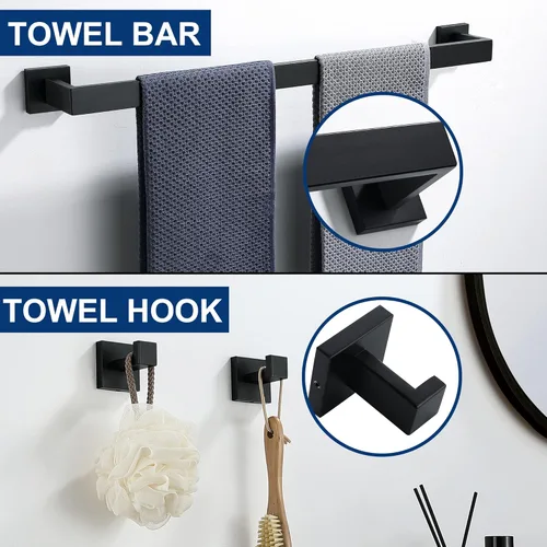 Miniatura 6 de Juego de 5 piezas de accesorios de ferretería para baño en negro mate, juego de toalleros cuadrados de 16 pulgadas para baño, juego de barras