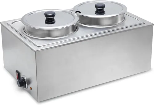SYBO Mesa de vapor de acero inoxidable de grado comercial Bain Marie Buffet Calentador de alimentos para catering y restaurantes (2 ollas redondas)