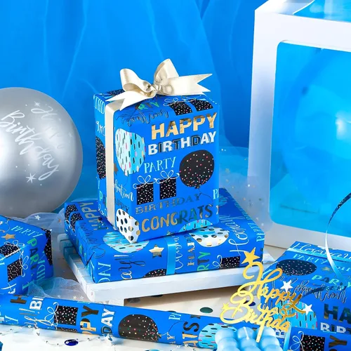 Miniatura 4 de WRAPAHOLIC Papel de regalo para cumpleaños - Rollo mini - 17 pulgadas x 16.5 pies - Papel de regalo azul dorado con foil brillante de feliz Azul