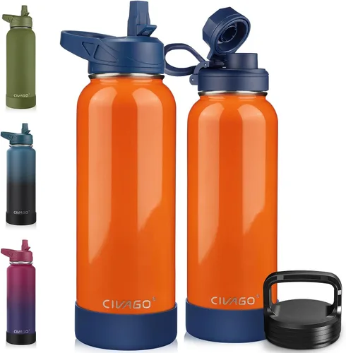 Miniatura 37 de CIVAGO Botella de agua aislada de 22 onzas con pajita, frasco de agua deportiva de acero inoxidable con 3 tapas