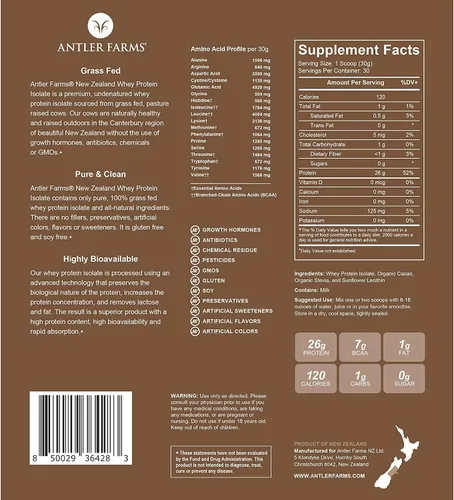 Miniatura 2 de Antler Farms - 100% aislado de proteína de suero de Nueva Zelanda alimentado con pasto, sabor a chocolate, 2 libras - Puro y limpio, 4 ingredientes
