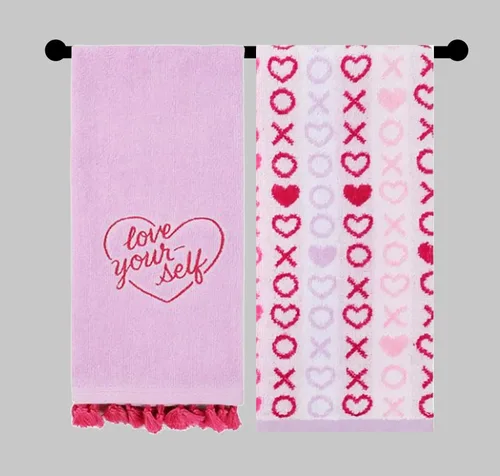 Toallas de mano de baño de San Valentín, juego de 2 toallas de terciopelo de algodón morado y rosa con corazones bordados para decoración de baño,