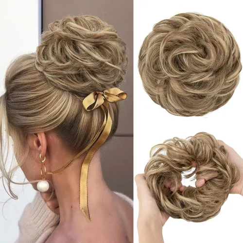 Miniatura 11 de CJL HAIR Extensiones de cabello sintético de moño desordenado, ondulado, rizado, grueso, para coleta, para mujer (rubio blanco)