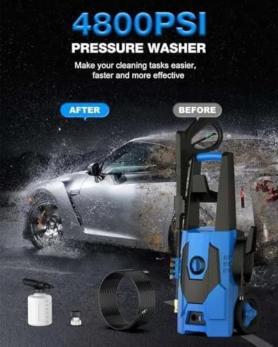 Miniatura 4 de FIOCCO Lavadora a presión, 4800PSI Lavadora eléctrica portátil con cable de 35 pies, manguera de 20 pies para automóviles, entradas, patios, vallas