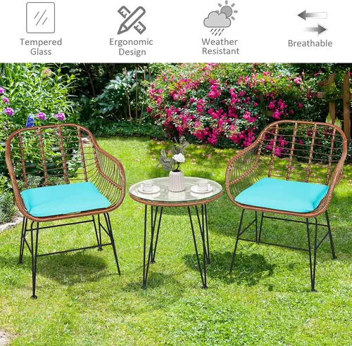 Miniatura 19 de Tangkula - Juego de 3 piezas para conversación en el patio, juego de muebles de mimbre al aire libre con mesa redonda de vidrio templado y 2