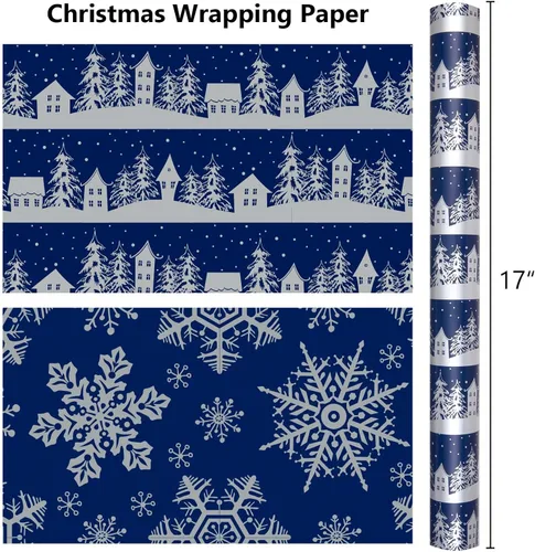 Miniatura 4 de MAYPLUSS Rollo de papel de regalo de Navidad, papel de regalo de 17 pulgadas x 16.5 pies con casa de árbol de Navidad azul marino copo de nieve