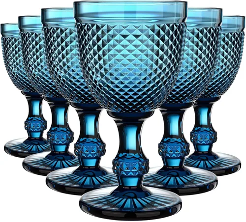 Miniatura 12 de Bokon Juego de 6 copas de vidrio ámbar de 10 onzas de alto transparente, copas de agua vintage, diseño de diamante en relieve, cristalería con tallo