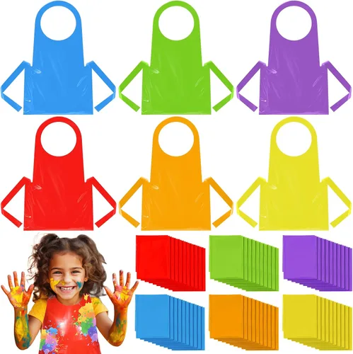 Chicingyou 60 delantales desechables coloridos para niños, de plástico grueso, impermeable, delantal de polietileno para pintar, cocinar, comer,