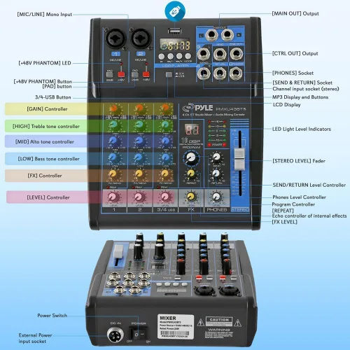 Miniatura 2 de Pyle Mezclador de audio profesional Placa de sonido Interfaz de sistema de consola de 4 canales USB digital Bluetooth MP3 Entrada de computadora 48V