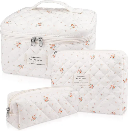 Miniatura 37 de Set de bolsas de maquillaje, bolsa de maquillaje acolchada, bolsa de cosméticos floral grande para mujeres, lindas bolsas de maquillaje de algodón