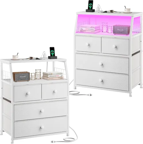 Miniatura 10 de EnHomee Mesita de noche negra de 21.8 pulgadas de ancho con estación de carga y luces LED, mesita de noche con 4 cajones de tela, mesa de noche