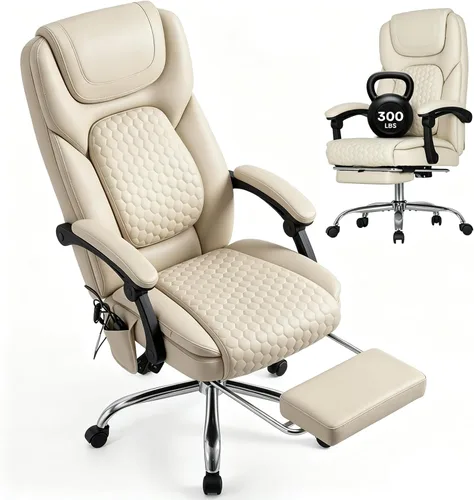 MALOL Silla de oficina de masaje grande y alta de 300 libras, calefacción dirigida de 3 niveles a 149.0 °F, silla de escritorio de cuero de fácil