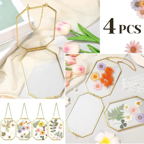 Miniatura 5 de Treela 4 marcos de flores prensadas de vidrio de 4 x 6 pulgadas, marcos de vidrio dobles colgantes con cadena de metal octágono de latón para mesa