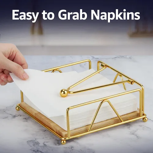 Miniatura 4 de Servilletero moderno de hierro fundido dorado con base de madera, diseño cuadrado resistente, perfecto para cocina, mesa de comedor, uso al aire