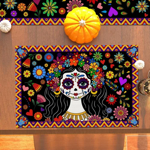Miniatura 4 de Juego de 4 manteles individuales del Día de los Muertos Dia De Los Muertos, Altar Mexicano de Muertos, decoración y suministros para mesa del hogar
