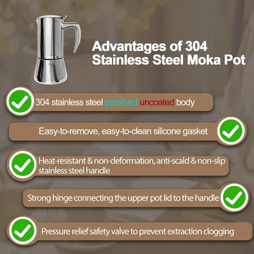 Miniatura 7 de Cafetera de acero inoxidable 304 grueso, sin recubrimiento, 2 tazas, cafetera Moka para estufa, cafetera expreso, cafetera italiana, clásica, Greca