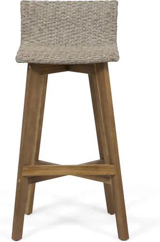 Miniatura 5 de GDFStudio Taburetes de bar de madera y mimbre para exteriores (juego de 4), marrón claro y teca