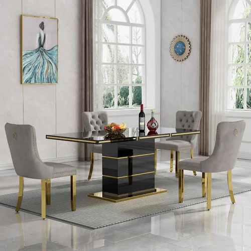 Miniatura 8 de Juego de 5 mesas de comedor negras brillantes para 4, mesa de cocina moderna de madera de alto brillo con 4 sillas de terciopelo beige, mesas