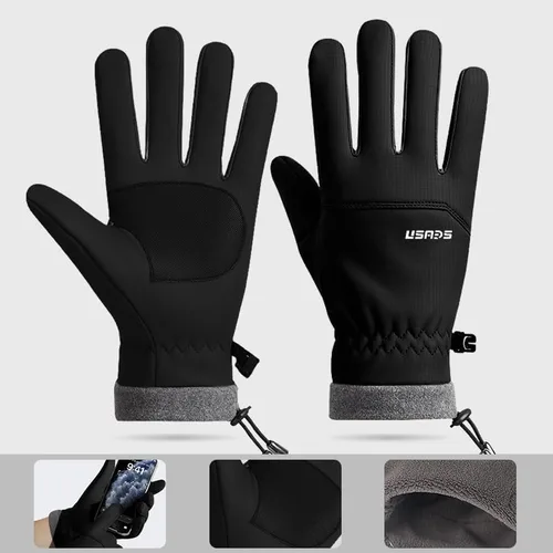 Miniatura 4 de Winter Thermal Cycling Gloves, Windproof Faux Leather with Adjustable Drawstring & Touchscreen Fingers, Non-Slip Grip for Cold Weather Biking, Black