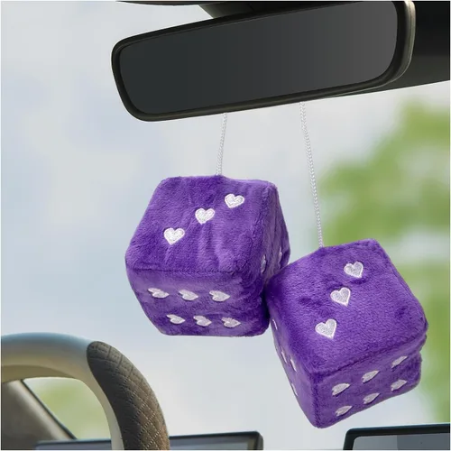 Miniatura 9 de 1 par de dados de felpa mullidos para espejo de automóvil, dados cuadrados retro de 3 pulgadas con forma de corazón, adorno colgante de dados retro