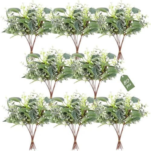 Miniatura 10 de ZeKonan 40 hojas de eucalipto artificiales de hojas de eucalipto plateadas, hojas de eucalipto para bebé, adecuadas para jarrón de boda, centros
