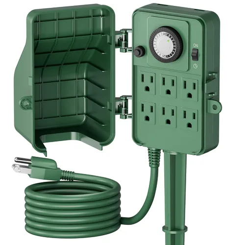 BN-LINK Temporizador de estaca eléctrica para exteriores, impermeable, temporizador mecánico de 24 horas con 6 enchufes con conexión a tierra, cable