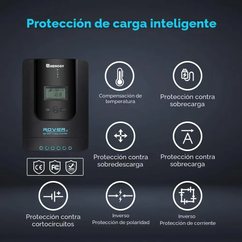 Miniatura 4 de Renogy Controlador de Carga Solar Rover 40A 12V24V Parámetro Automático Entrada DC MPPT Controladores de Carga para Paneles Solares LCD Ajustable