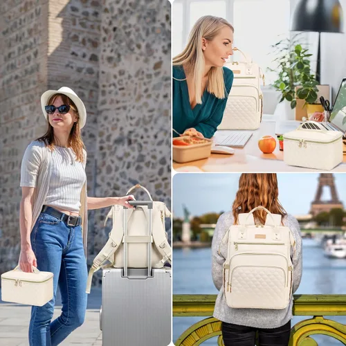 Miniatura 7 de AIJIEKE Mochila de almuerzo para mujer, mochila para laptop de 15.6 pulgadas con caja de almuerzo aislada desmontable, bolsa de trabajo 2 en 1 Beige