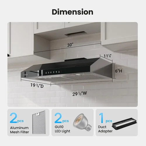 Miniatura 2 de VIKIO HOME Campana extractora para debajo del gabinete de 30 pulgadas, motor centrífugo dual de 900 CFM, ventilación de cocina con conductos de 3