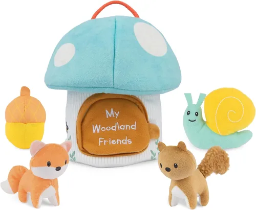Baby GUND Play Soft My Woodland Friends - Juego de Peluche de 5 Piezas con Sonajero, Chirriador y Juguetes de Peluche Arrugados, Juguete Sensorial