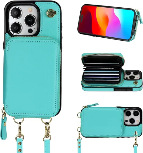 Miniatura 10 de Bocasal Funda tipo cartera cruzada para iPhone 15 Pro, funda de piel con bloqueo RFID y soporte para tarjetas, funda protectora con cremallera