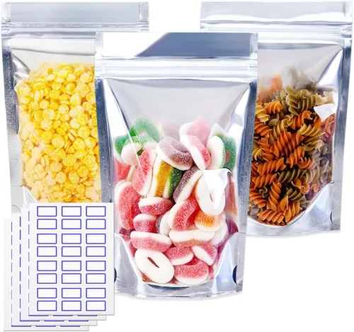 100 bolsas de Mylar resellables de 5 x 8 pulgadas para almacenamiento de alimentos, bolsas frontales transparentes de pie con etiquetas, bolsas de