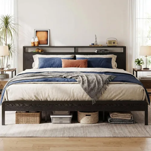 Miniatura 14 de LIKIMIO Marco de Cama King con Cabecero, Marco de Cama King de Madera Oscura con Soportes Fuertes, Resistente, Sin Ruido, No Necesita Somier, Nogal