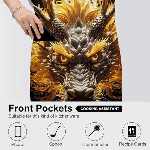 Miniatura 5 de MUSM Apron for Adults - 27.6 X 31.5 Inch, Heavy-Duty Polyester Aprons with Two Large Pockets, Waterproof Golden Dragon Head Kitchen Apron for