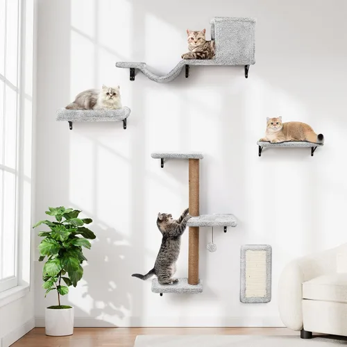 Miniatura 8 de Estantes de pared 5 en 1 para gatos de interior, muebles de gato montados en la pared con cama, cueva, poste rascador y perca, pared de escalada