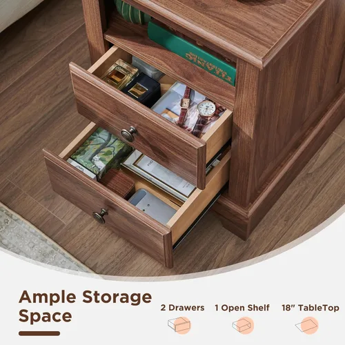 Miniatura 4 de T4TREAM Mesita de noche con estación de carga, mesa auxiliar vintage de 18 pulgadas con 2 cajones, mesa auxiliar de sofá rústica de madera