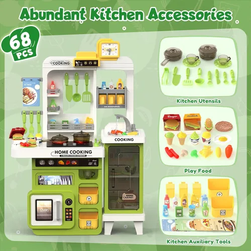 Miniatura 3 de Juego de cocina para niños, 68 piezas, juego de cocina para niños pequeños de 1-3, 3-5, cocina de juego de 32.2 pulgadas con pulverización, luz