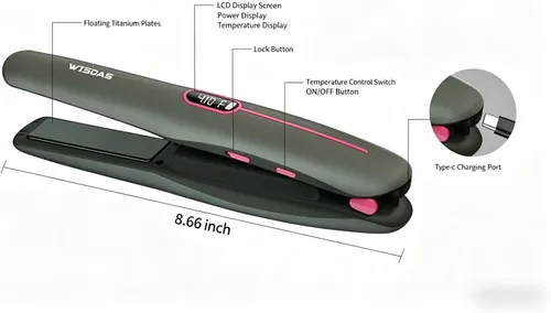 Miniatura 2 de Cepillo alisador de pelo inalámbrico, mini plancha plana recargable con control digital de temperatura (320-410°F), placas de titanio no dañadoras