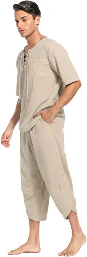 Miniatura 2 de Babioboa Conjunto de 2 piezas de lino para hombre, camisa hippie de manga corta y pantalones capri harén holgados para playa, pantalones de yoga