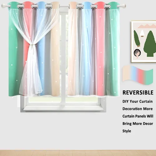 Miniatura 3 de Cortinas opacas con recorte de estrellas y arcoíris para guardería/habitación de niños/niñas, con superposición de tul, 2 paneles, cada una de 52