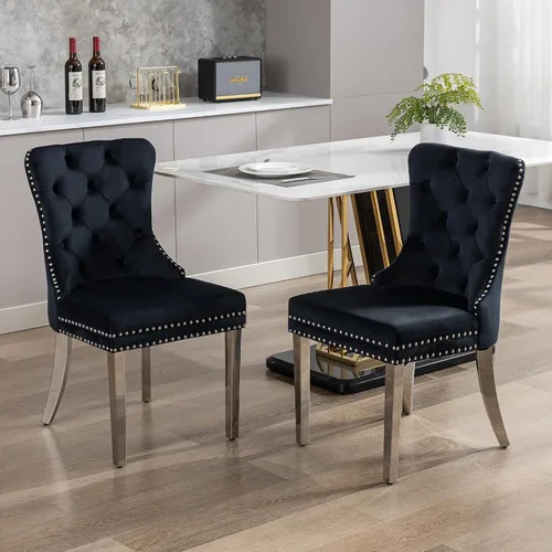 Miniatura 30 de KCC Nikki Collection - Juego de 4 sillas de comedor de terciopelo tapizadas de alta gama con anillo trasero de clavo, patas de madera maciza