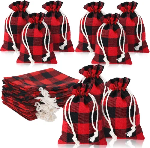 Miniatura 8 de Boao 24 bolsas de Navidad con cordón para regalo de Navidad, a cuadros, de algodón, para suministros de fiesta de dulces de Navidad