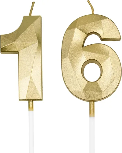 Miniatura 9 de Velas de cumpleaños número 16 y 61 para tartas, velas plateadas con forma de diamante 3D, decoración de cumpleaños, suministros de fiesta para Plata