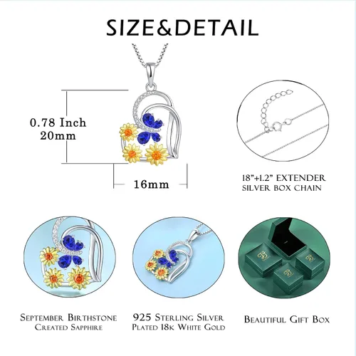 Miniatura 5 de FJ Collar de corazón de plata maciza con collar de girasoles con piedra de nacimiento de animales de mariposa