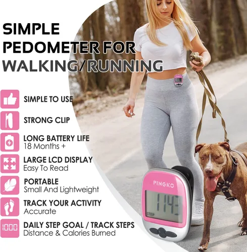 PINGKO Podómetro portátil multifunción para exteriores, deportes, cuenta pasos/calorías/distancia Rosa