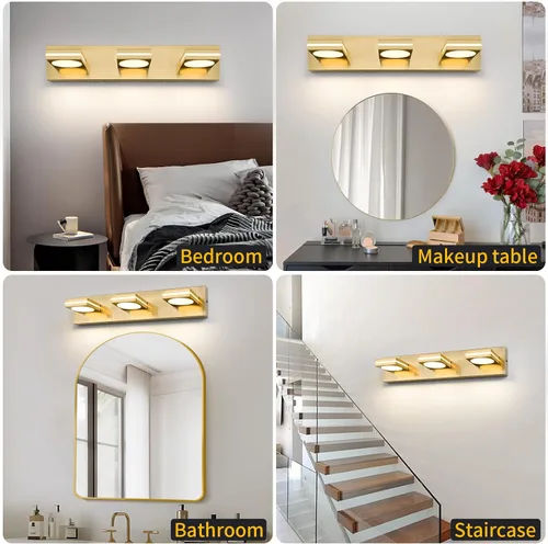 Miniatura 7 de OKELI Lámpara LED de tocador de baño de 3 luces, accesorios de iluminación de pared de baño modernos dorados sobre espejo (3CCT, 3000K-6000K)